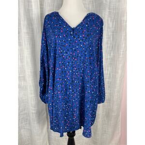 Torrid Womens Harper Blouse 5X Blue Roll Tab Sleeves Button Heart Leopard Print